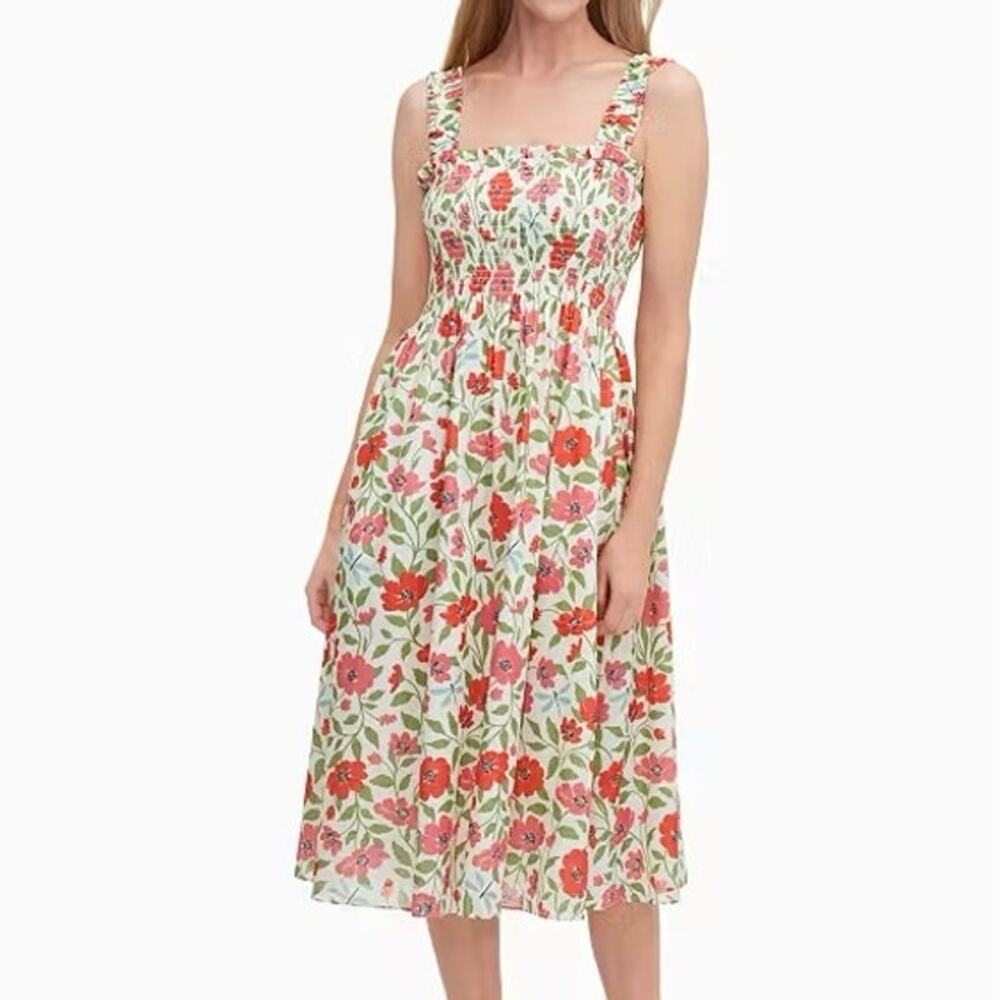 Kate Spade Dress Midi Floral Smocked Garden Blooms Cottagecore Sleeveless A Line